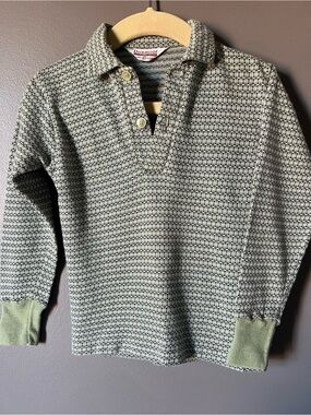 Vintage Kids Donmoor Long Sleeved Knit Polo Shirt in Sage and Black 1960s